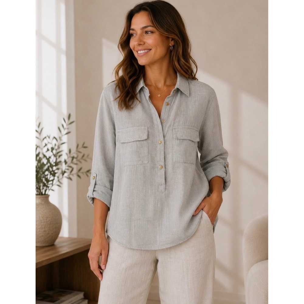 Ellen Tracy 100% Linen Gray White Striped Tunic Roll Tab Sleeve Top Small
